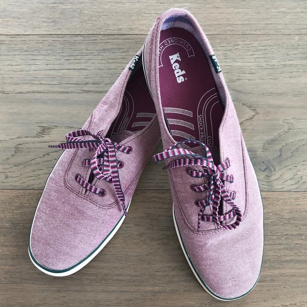 Keds Canvas Lace Up Denim Sneakers Prpl Pink w Teal Trim + Striped Laces Sz 9.5